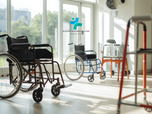 Family comparing health equipment for older adult
