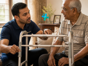 Occupational therapist discussing walking frame height and suitability with an older adult in a home setting