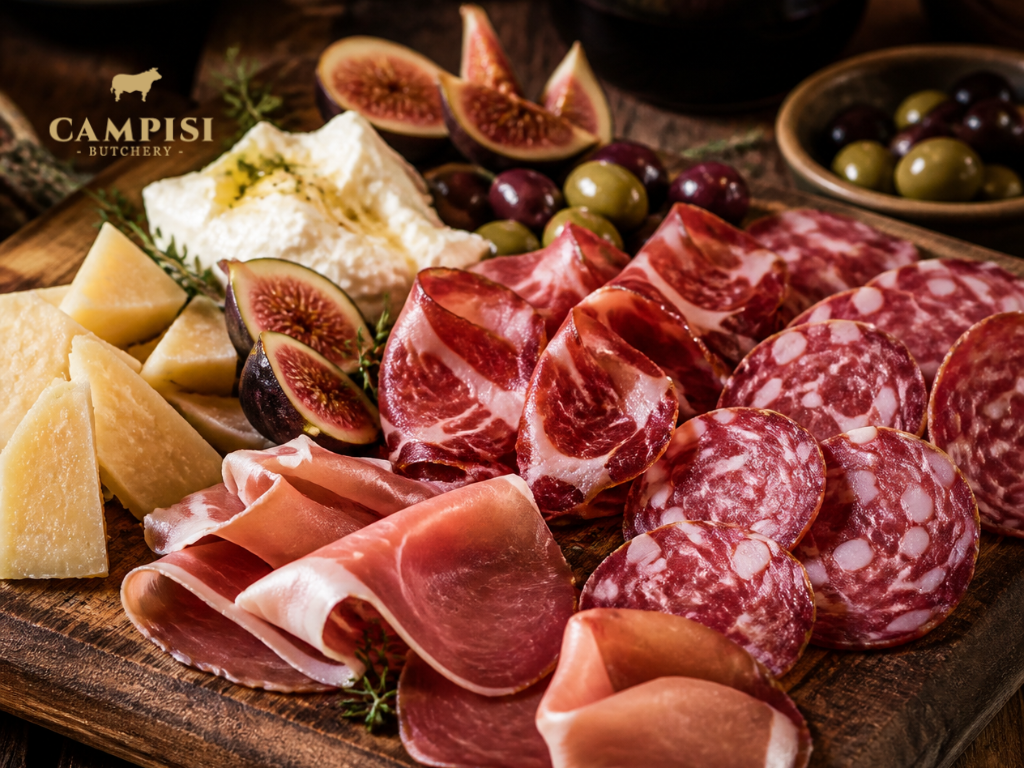 Italian salumi platter with sliced prosciutto, coppa, salami, soft cheese, aged cheese and fresh accompaniments