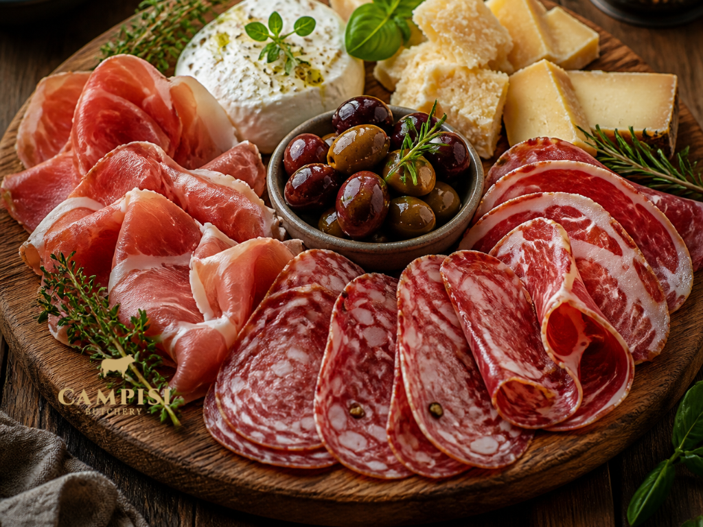 Assorted Italian cured meats including thinly sliced prosciutto, marbled coppa, salami and bresaola arranged on a wooden board. salumi meat, salumi italian, italian salumi, salumis, salumi vs charcuterie, types of salumi, best salumi