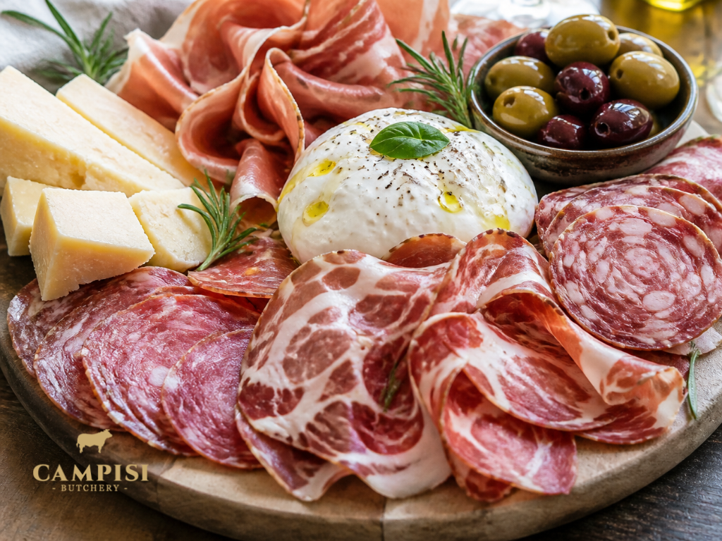 Thinly sliced prosciutto served with fresh mozzarella and coppa paired with slices of provolone cheese. salumi meat, salumi italian, italian salumi, salumis, salumi vs charcuterie, types of salumi, best salumi