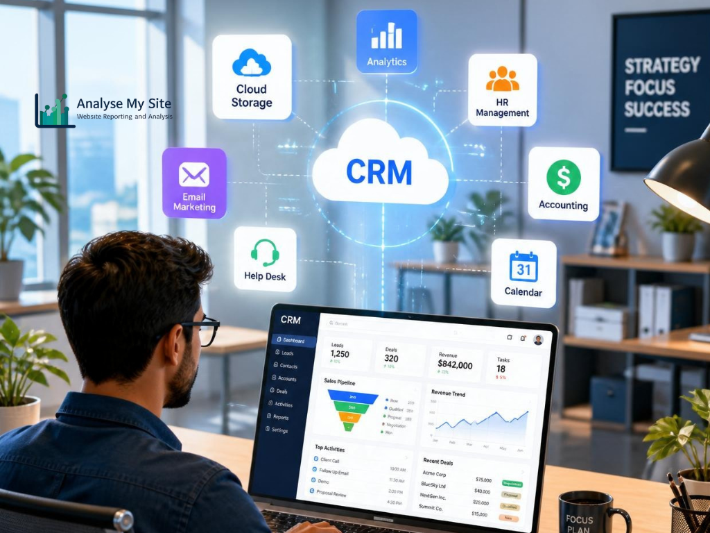 Digital workflow showing CRM software, cloud applications and website systems connected through AI integration. Open AI Integrated Solutions IT Consulting, Cloud Solutions, Backup Solutions, Augmented Reality in E-Commerce, Voice Over IP, Domain Name Registration, Web Solutions