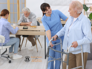 Older residents participating in a gardening activity with support from an aged care worker.
