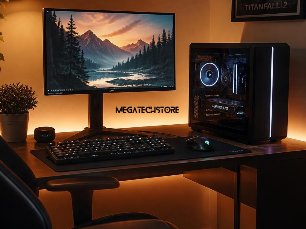 Compact mini PC connected to a gaming monitor, keyboard and mouse on a small desk.