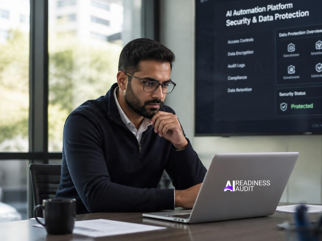 IT professional comparing AI automation software security features and data protection settings