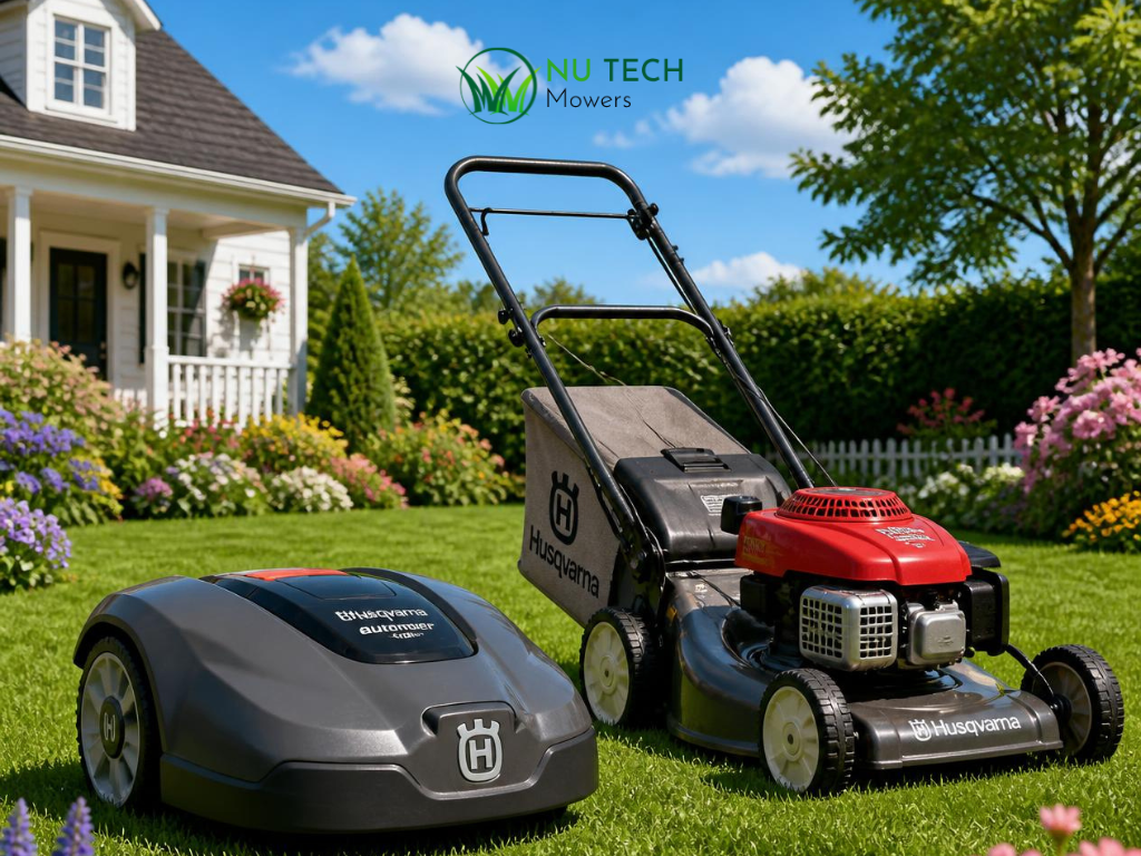 Gardener using a Husqvarna grass trimmer to cut lawn edges beside a raised garden bed