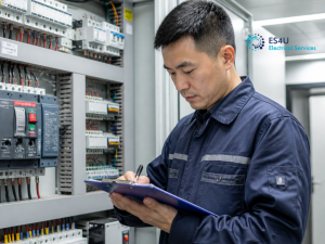 Licensed electrician examining electrical circuits and switchboard components during a commercial power capacity assessment