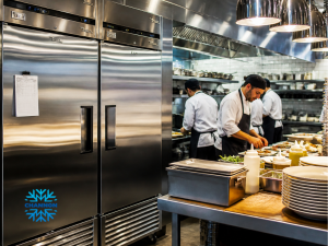 Stainless steel upright and underbench commercial refrigerators installed in a restaurant food preparation area. commercial refrigeration sydney, commercial refrigeration equipment, commercial refrigeration equipment for sale, commercial fridges sydney, commercial modular cool rooms, commercial refrigerator rental, commercial fridge on rent