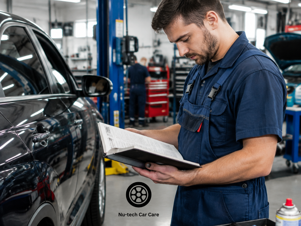 Mechanic reviewing a car's maintenance logbook beside a vehicle in an automotive workshop.