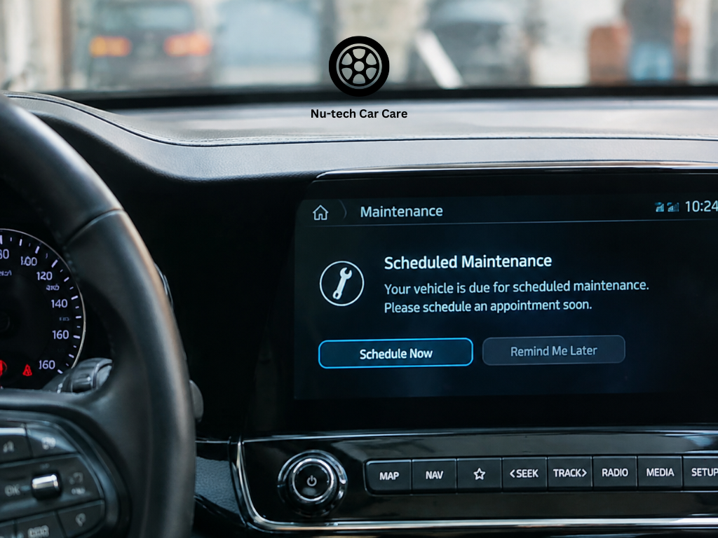 Car dashboard displaying a maintenance reminder indicating that scheduled servicing is due.