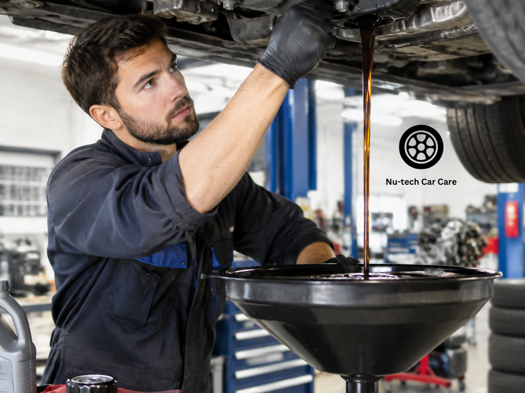 Automotive mechanic carrying out an engine oil change during scheduled vehicle maintenance.