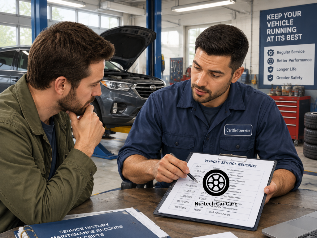 Car owner discussing vehicle service records and maintenance paperwork with an automotive mechanic.