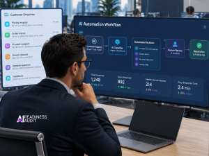 Software developer reviewing application integrations and business software architecture on computer monitors.