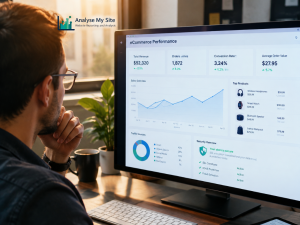 Website specialist reviewing eCommerce performance metrics and security information on a computer dashboard.