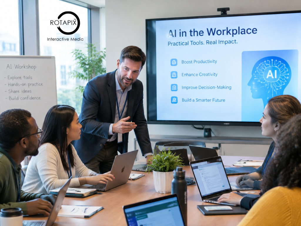 Workplace trainer helping employees learn how to use AI tools and review AI-generated information during a training session.