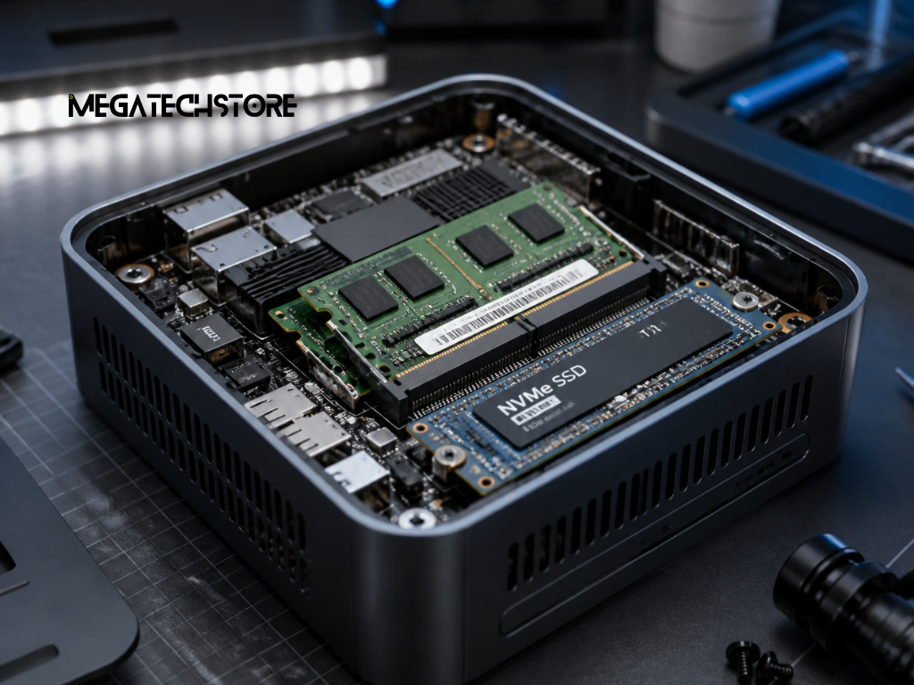 Opened mini PC showing internal memory and SSD storage components during a hardware upgrade. minisforum pc, minisforum australia, minisforum, minisforum N5 Pro, Minix ER 939 AI Pro, mini pc parts, pre build pc