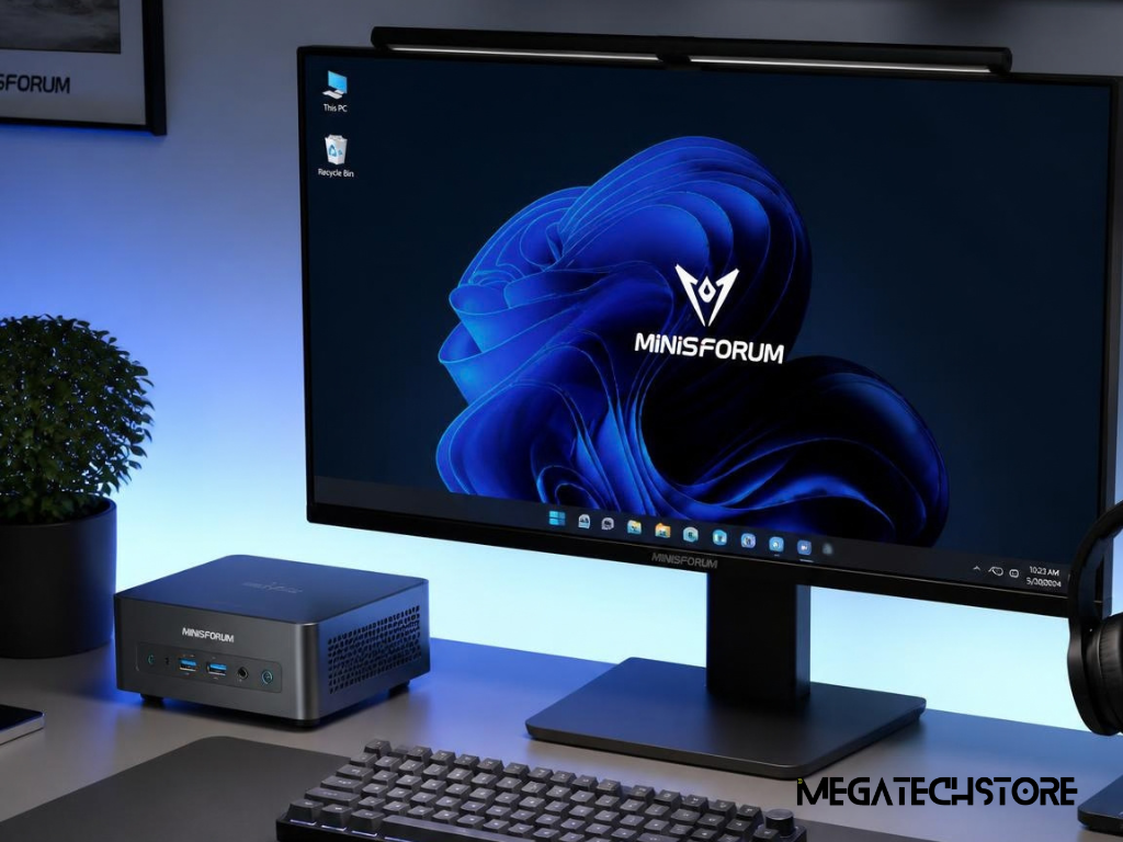 Compact mini PC and traditional desktop tower displayed side by side with a monitor and keyboard. minisforum pc, minisforum australia, minisforum, minisforum N5 Pro, Minix ER 939 AI Pro, mini pc parts, pre build pc