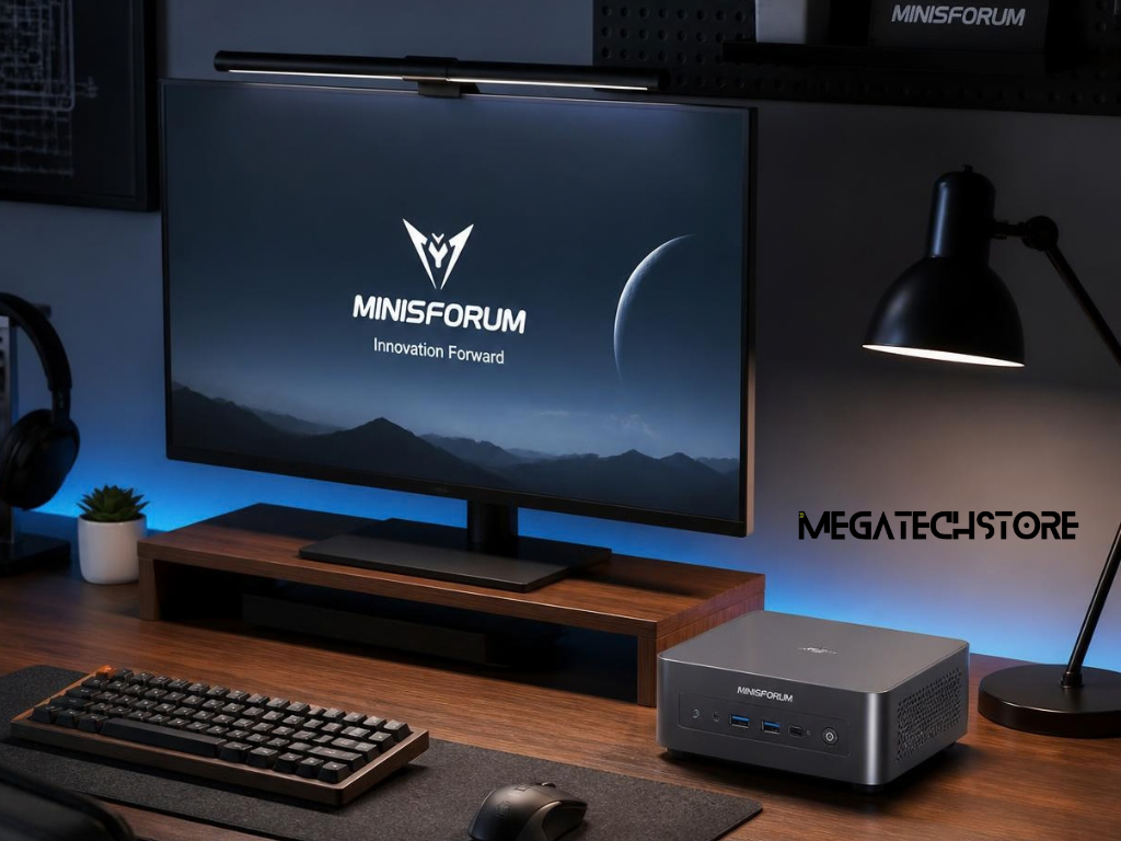 Small mini PC positioned beside a desktop monitor in a compact home office workspace. minisforum pc, minisforum australia, minisforum, minisforum N5 Pro, Minix ER 939 AI Pro, mini pc parts, pre build pc