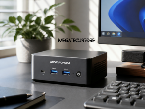 Minisforum mini PC with compact desktop design and visible connectivity ports on an office desk.