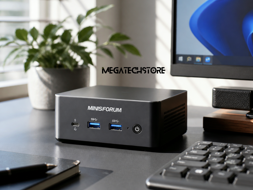 Minisforum mini PC with compact desktop design and visible connectivity ports on an office desk.
