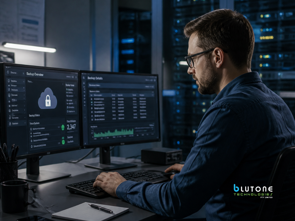 IT professional reviewing secure data backups and disaster recovery systems