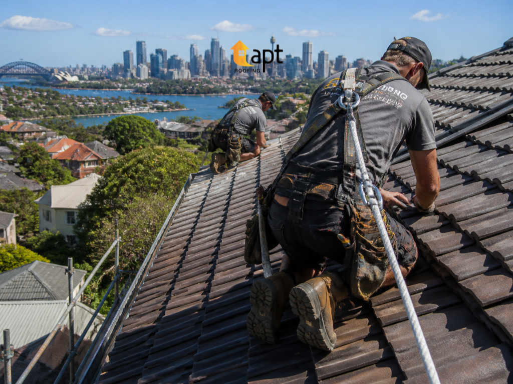 Roofing contractors using appropriate fall protection while working on a steep residential roof in Sydney
