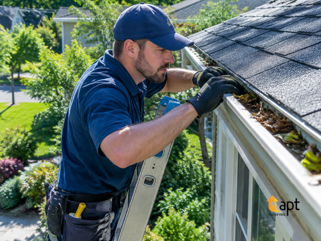Roofing professional inspecting residential roof gutters and drainage components for signs of damage.