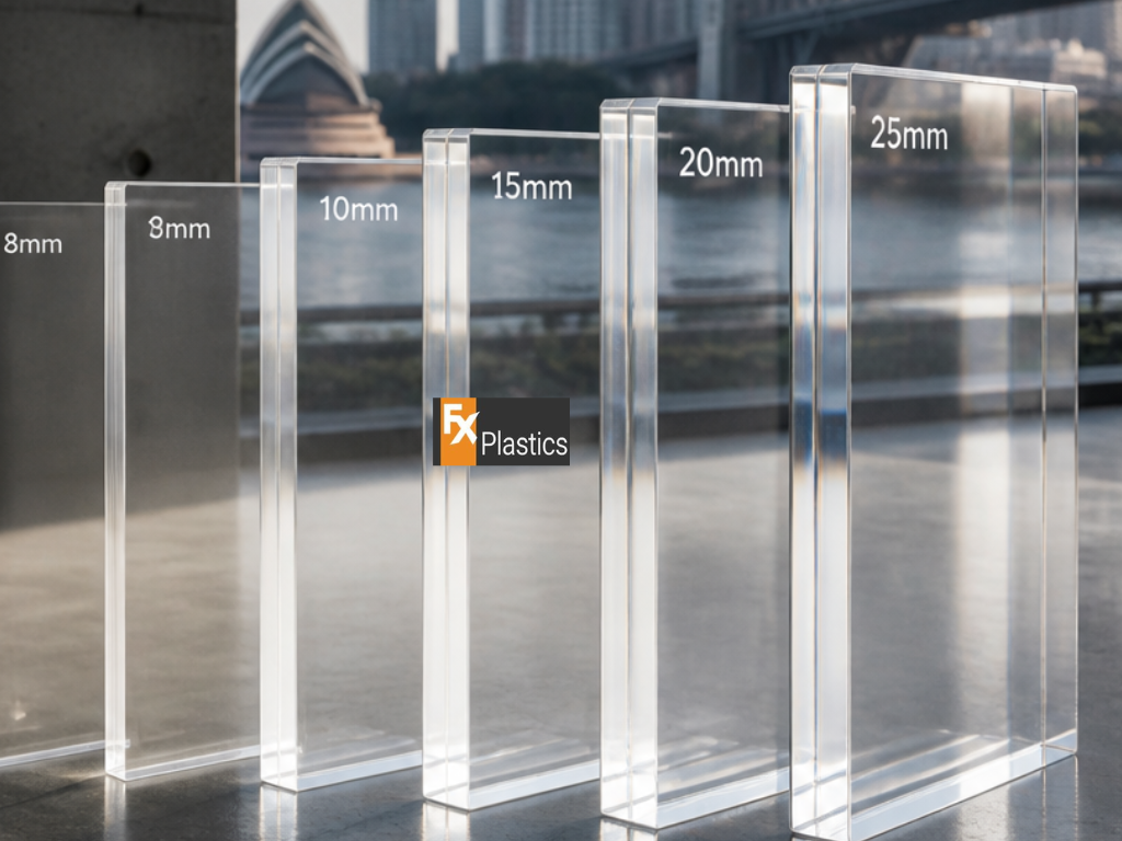 Clear Perspex acrylic sheets in different thicknesses displayed side by side for custom cutting in Sydney. Perspex Cutting Sydneyperspex cut to size sydney, perspex cut to size, perspex sydney, perspex sheet sydney, Perspex screens sydney, perspex counter screens sydney, perspex guard manufacturing sydney