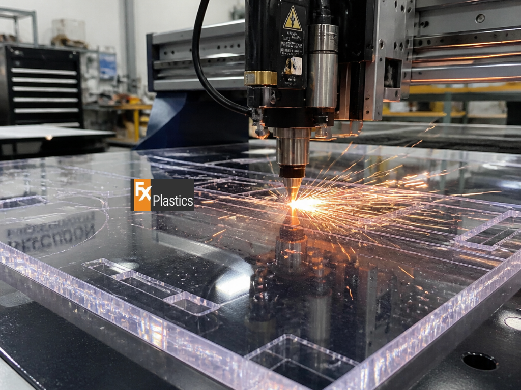 Acrylic sheet being cut to custom dimensions using precision plastic fabrication equipment